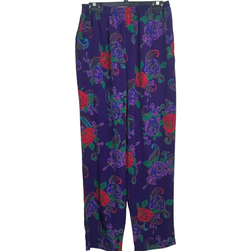 Vintage Victoria's Secret Size Medium Purple Red Rose Print Satin Pants
